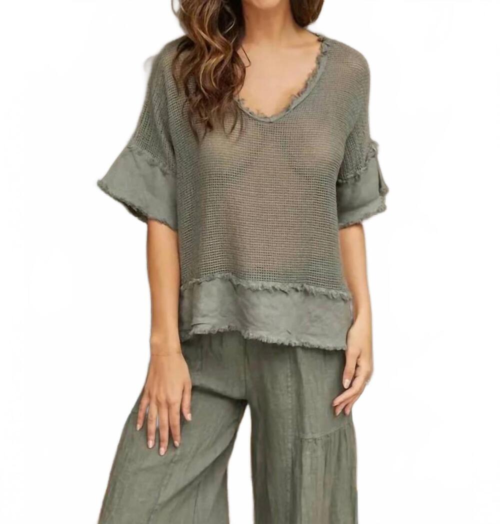 NEW MILIO MILANO cotton mesh grid short sleeve top in army green